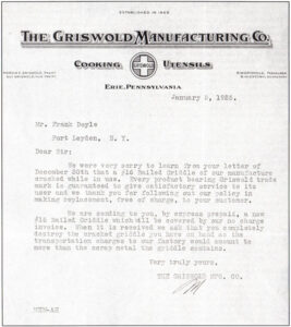 Griswold Manufacturing Vintage Warranty Letter